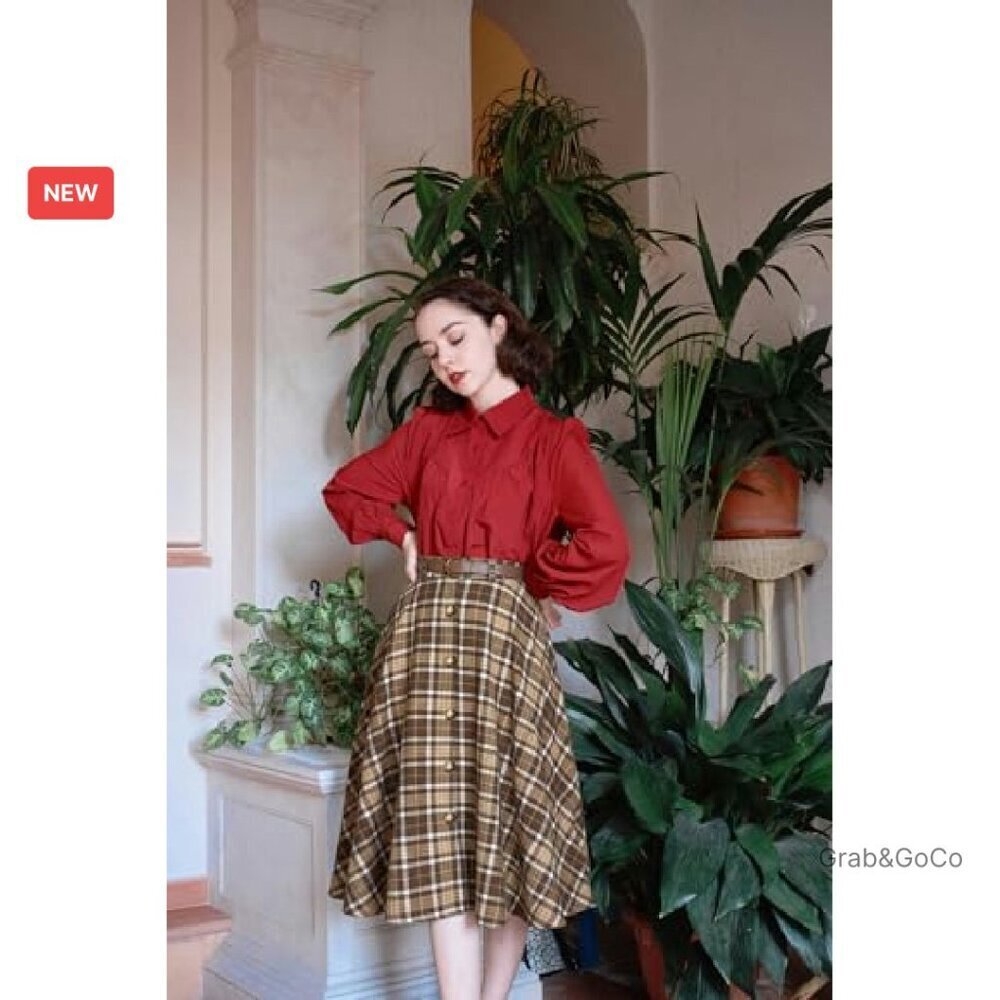 Vintage Plaid A-Line Skirt Retro Midi Flared with Pockets & Belt - Picture 3 of 8
